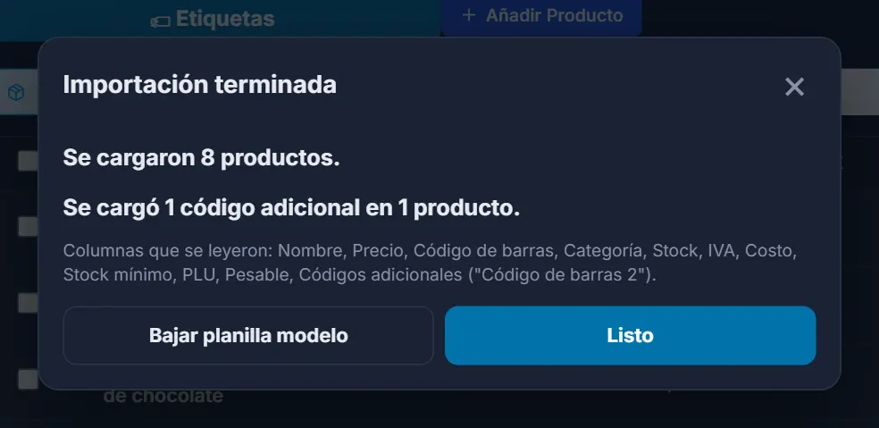 El resumen del panel después de importar la planilla de ejemplo: se cargaron 8 productos y 1 código adicional, con las columnas que se leyeron.
