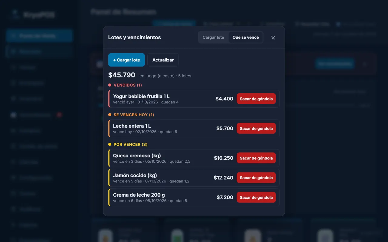 La pantalla de lotes y vencimientos con productos de ejemplo agrupados en vencidos, se vencen hoy y por vencer.
